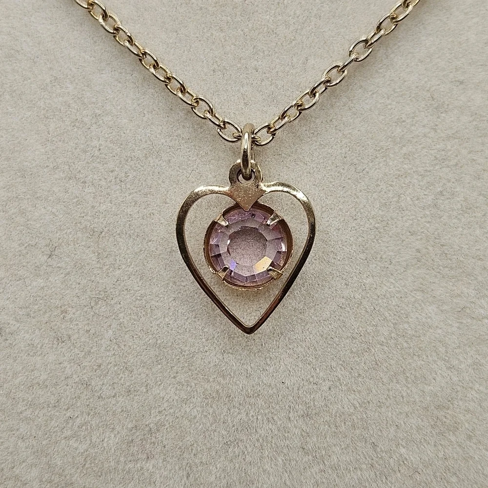 VINTAGE Child's Gold Tone Pink Rhinestone Heart Pendant Dainty Necklace